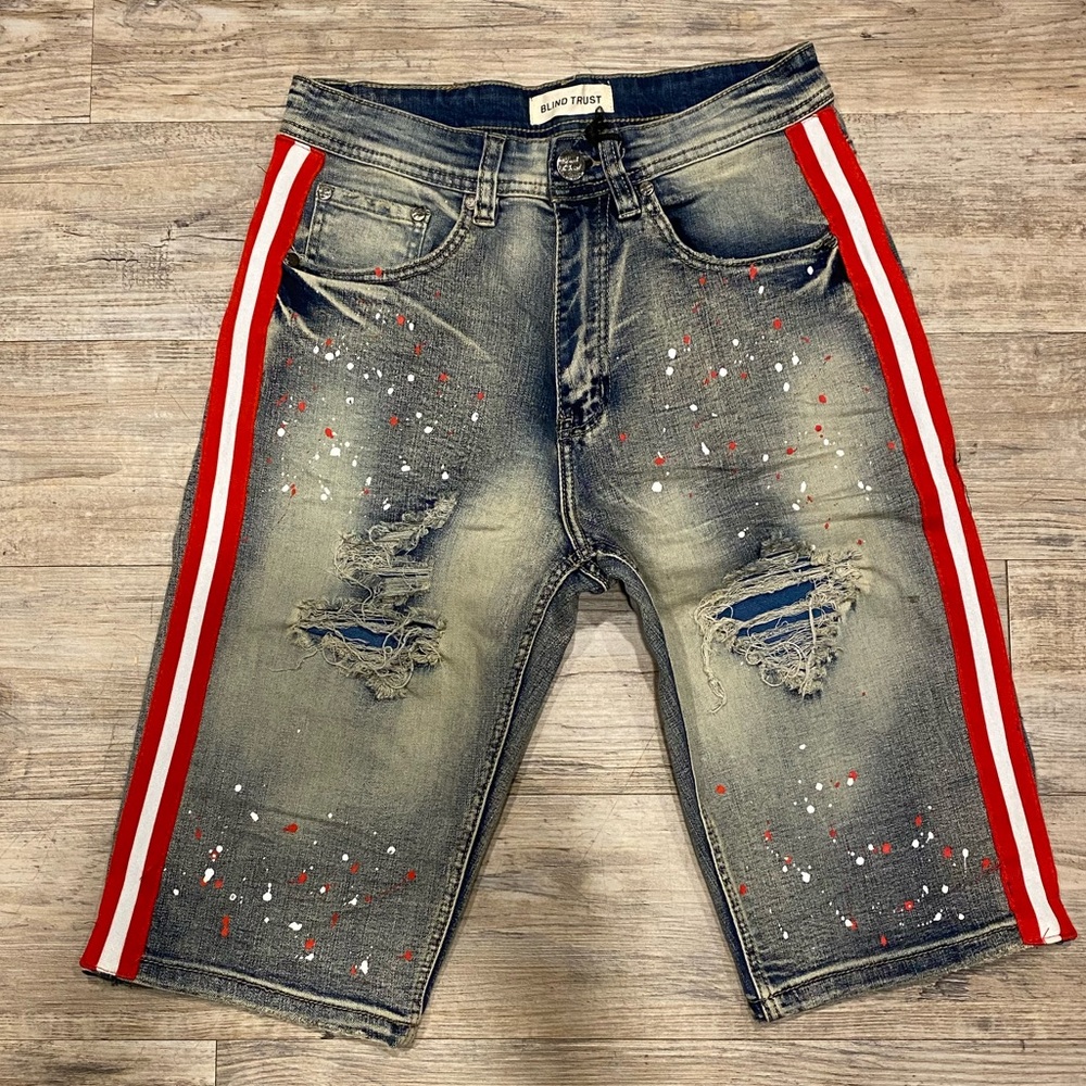Blind Trust Distressed Denim Shorts With Red Stripes